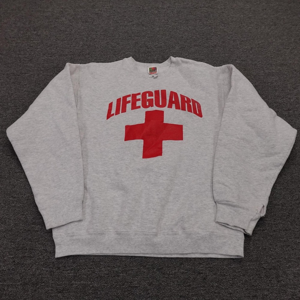 Vintage Fruit Of The Loom Sweatshirt Mens Medium Gray Lifeguard‎ Graphic 90s